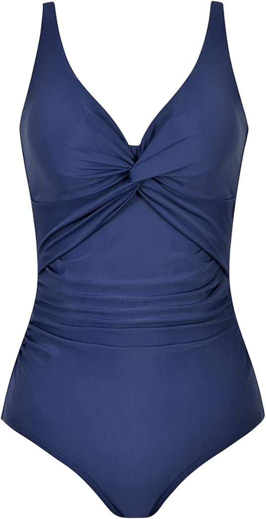 WIN.MAX Traje de baño azul marino con control de barriga retorcido y escotado para mujer