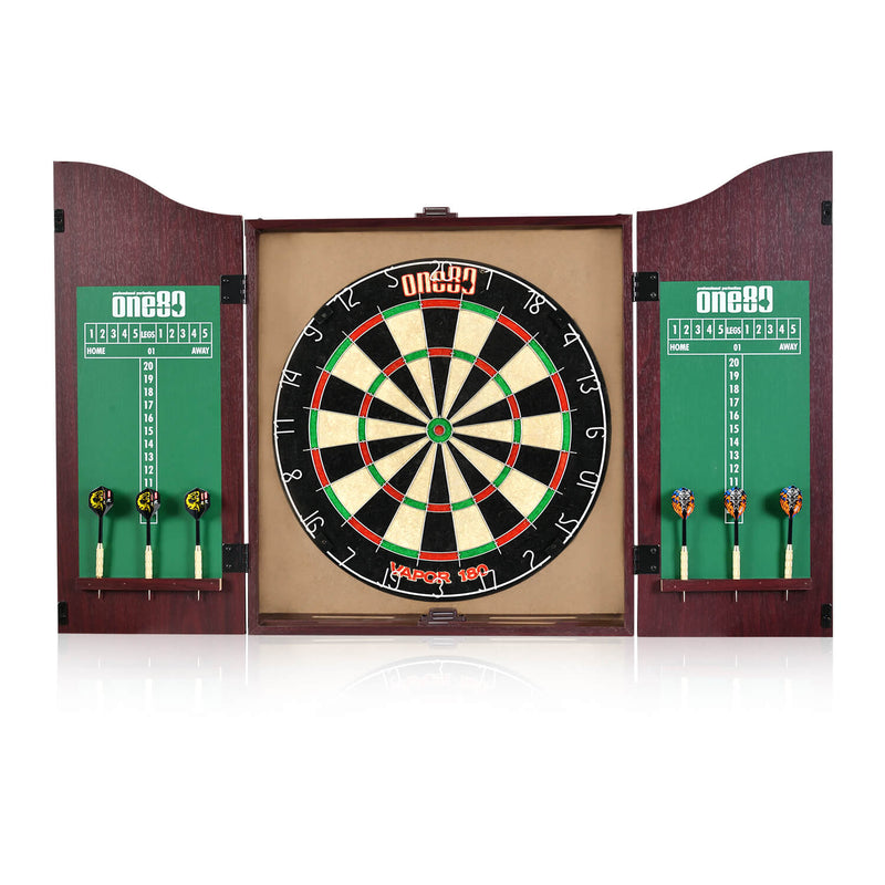 Laden Sie das Bild in Galerie -Viewer, One80 All-in-One Dartboard Cabinet Set - Brown
