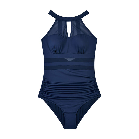 Navy Blue Cutout Mesh Swimsuit