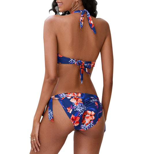 iSLASISIA Summer Floral Print Bow Tie Triangle Bikini Set