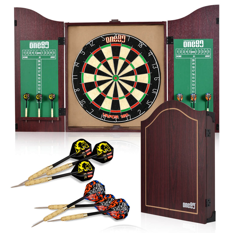 Laden Sie das Bild in Galerie -Viewer, One80 All-in-One Dartboard Cabinet Set - Brown
