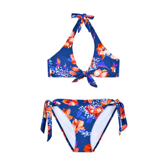 Conjunto de bikini triangular floral de verano con pajarita