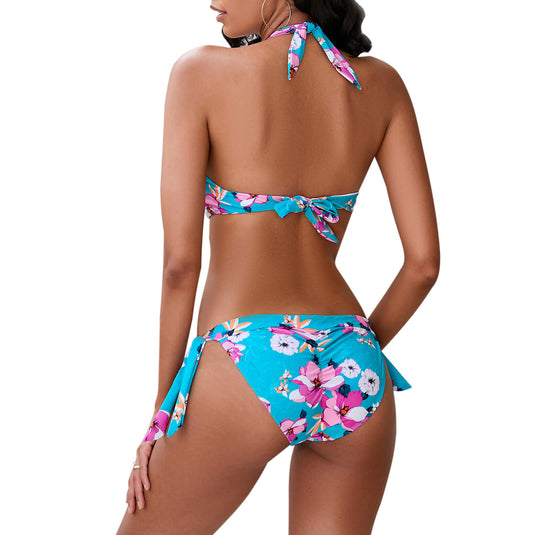 Conjunto de bikini triangular con pajarita floral para mujer