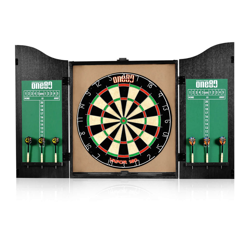 Laden Sie das Bild in Galerie -Viewer, One80 All-in-One Dartboard Cabinet Set - Black
