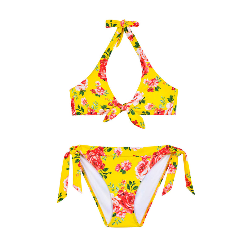 Laden Sie das Bild in Galerie -Viewer, Gelbes Triangel-Bikini-Set mit Blumenmuster und Fliege für Damen
