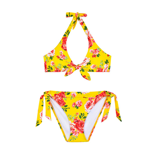 iSLASISIA Women Yellow Floral Print Bow Tie Triangle Bikini Set