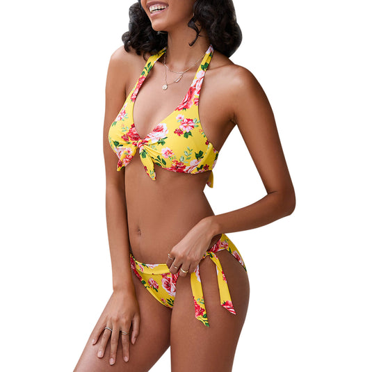 iSLASISIA Women Yellow Floral Print Bow Tie Triangle Bikini Set