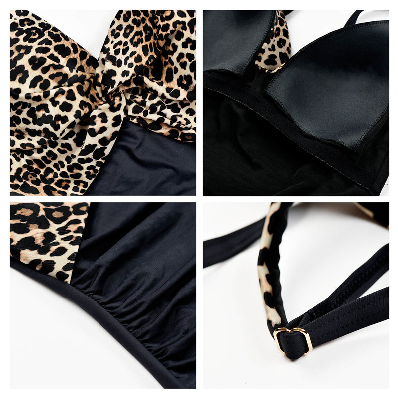 Load image into Gallery viewer, Leopard Color Block V Neck Swimsuit
